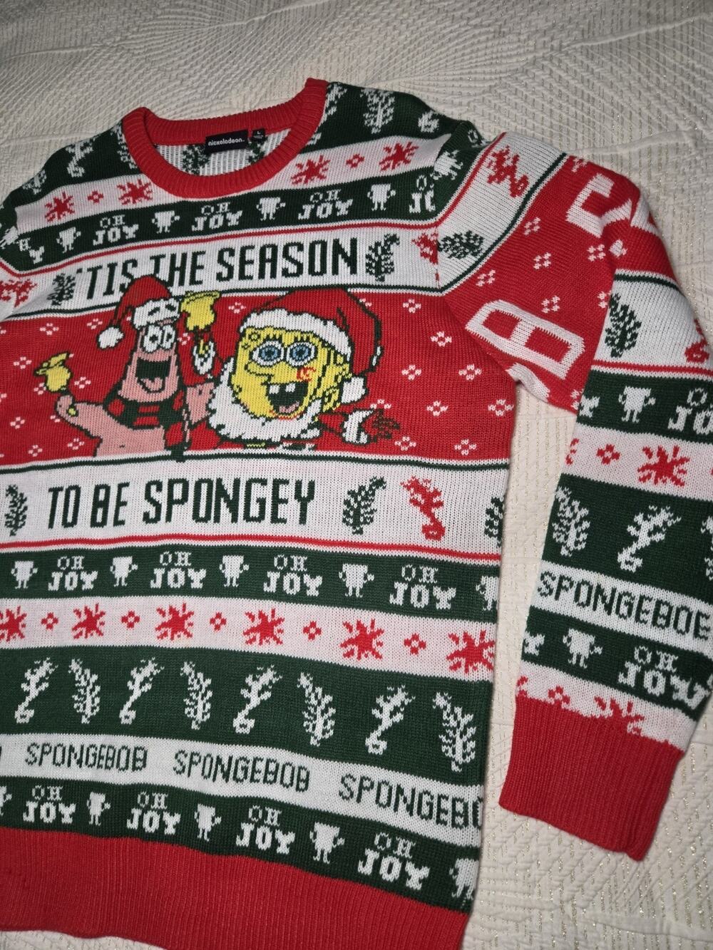 Spongebob NICKELODEON Ugly Christmas Sweater Tis the Season to be Spongey Sz L